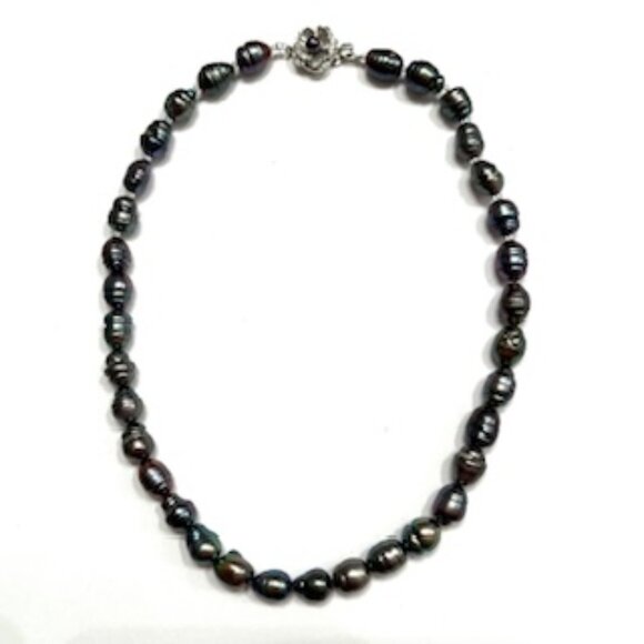 Tahitian Baroque Black Pearl Necklace with Silver Clasp 17” Long